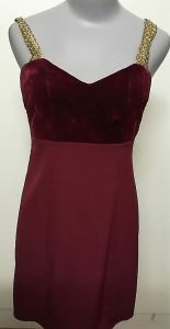 Adult Female Costumes to Hire - Burgandy Short Dress & gold straps - SMALL